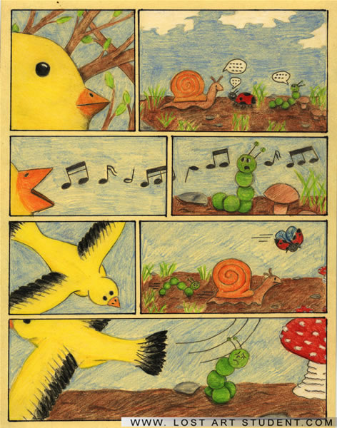 yellow-bird-comic-snail-catapillar-lady-bug