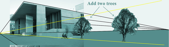 linear perspective building to trees